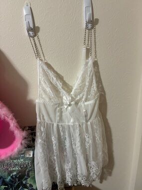 White Sheer Lace Slip with Chain Strap Detail